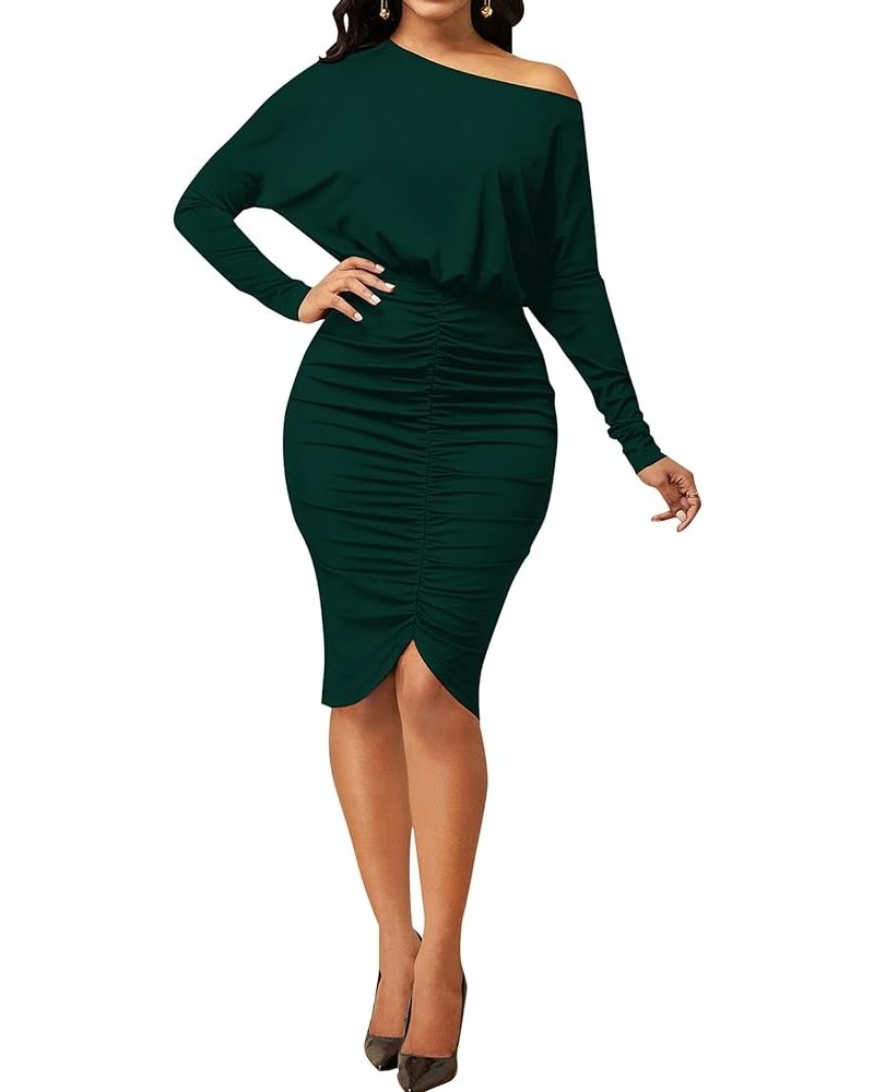 Women's Sexy One Shoulder Ruched Dresses Long Sleeve HIPS-Wrapped Bodycon Party Midi Dress B0 Green $11.50 Dresses