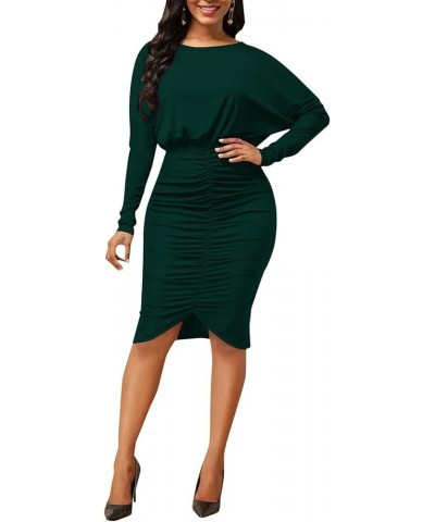 Women's Sexy One Shoulder Ruched Dresses Long Sleeve HIPS-Wrapped Bodycon Party Midi Dress B0 Green $11.50 Dresses