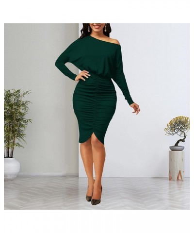 Women's Sexy One Shoulder Ruched Dresses Long Sleeve HIPS-Wrapped Bodycon Party Midi Dress B0 Green $11.50 Dresses