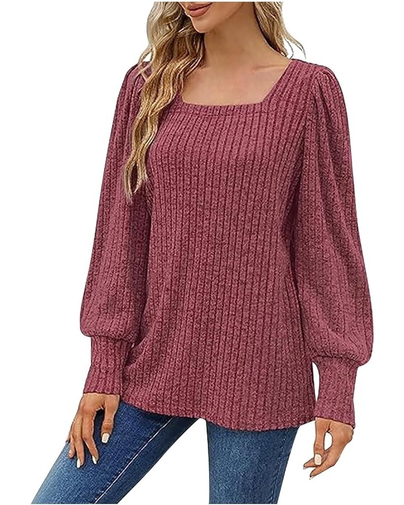 Sweater Pullover for Women Casual Square Neck Sweater Solid Color Knitted Sweater Tops Fall Long Sleeve Tunic Sweater 02 Red ...