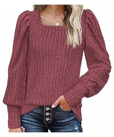 Sweater Pullover for Women Casual Square Neck Sweater Solid Color Knitted Sweater Tops Fall Long Sleeve Tunic Sweater 02 Red ...