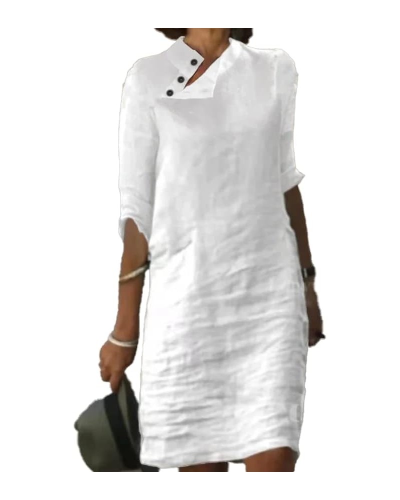 Womens Cotton Linen Half Sleeve Midi Dress with Pockets 2023 Loose Stand Collar Button Knee Length Linen Shift Dress White-p1...