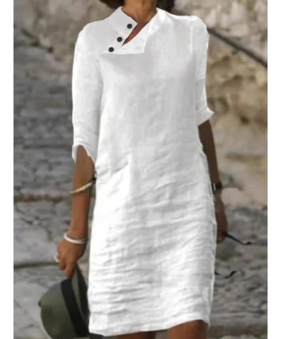 Womens Cotton Linen Half Sleeve Midi Dress with Pockets 2023 Loose Stand Collar Button Knee Length Linen Shift Dress White-p1...