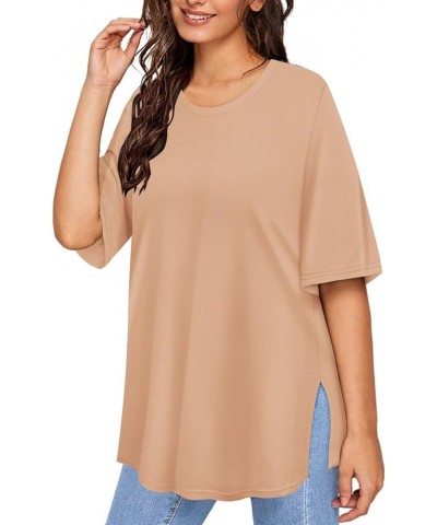 Plus Size Tops Summer Short Sleeve Shirts For Women Crewneck Tunics Pocket/Distressed (XL-5XL) 3990-khaki $14.10 Tops