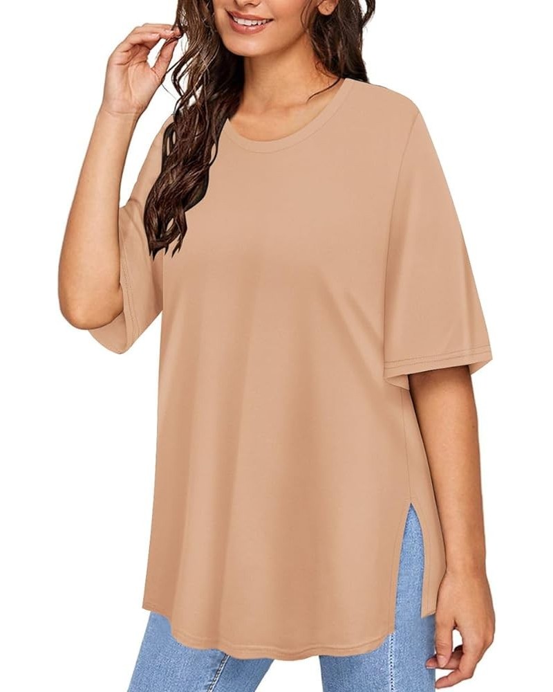 Plus Size Tops Summer Short Sleeve Shirts For Women Crewneck Tunics Pocket/Distressed (XL-5XL) 3990-khaki $14.10 Tops