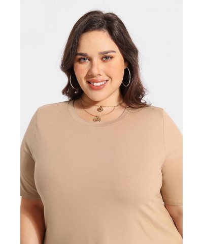 Plus Size Tops Summer Short Sleeve Shirts For Women Crewneck Tunics Pocket/Distressed (XL-5XL) 3990-khaki $14.10 Tops