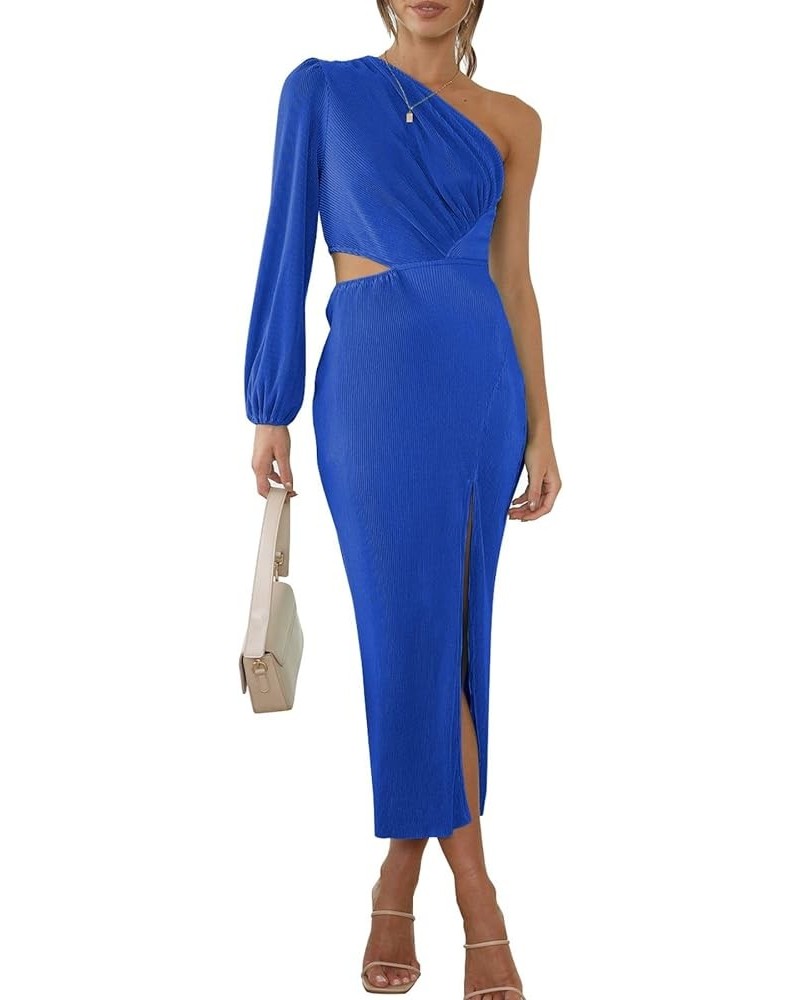 Womens One Shoulder Long Sleeve Cutout Split Pleated Plisse Bodycon Cocktail Maxi Midi Dresses Royal Blue $22.78 Dresses