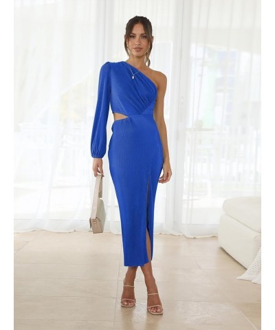 Womens One Shoulder Long Sleeve Cutout Split Pleated Plisse Bodycon Cocktail Maxi Midi Dresses Royal Blue $22.78 Dresses