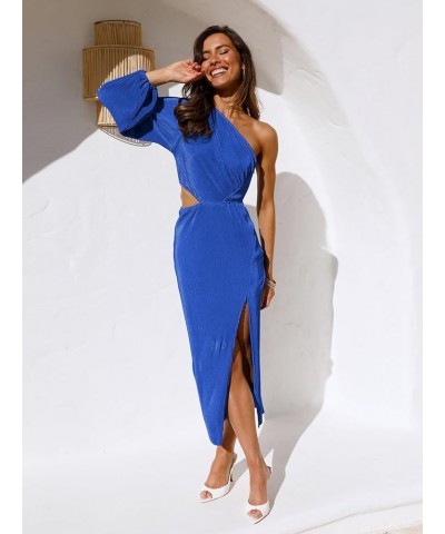 Womens One Shoulder Long Sleeve Cutout Split Pleated Plisse Bodycon Cocktail Maxi Midi Dresses Royal Blue $22.78 Dresses