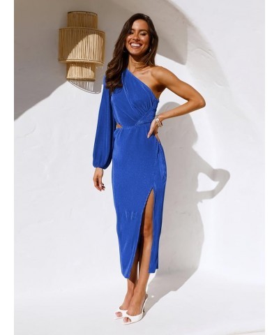 Womens One Shoulder Long Sleeve Cutout Split Pleated Plisse Bodycon Cocktail Maxi Midi Dresses Royal Blue $22.78 Dresses