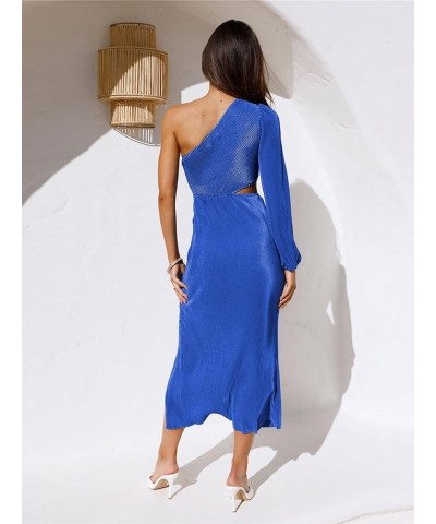 Womens One Shoulder Long Sleeve Cutout Split Pleated Plisse Bodycon Cocktail Maxi Midi Dresses Royal Blue $22.78 Dresses