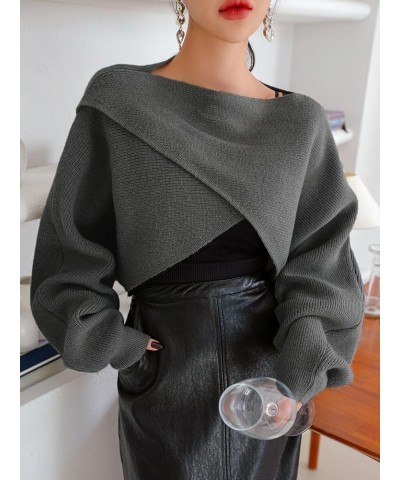 Women's Criss Cross Boat Neck Long Sleeve Crop Sweater Solid Casual Plain Sweater Coat Dark Grey $27.72 Sweaters