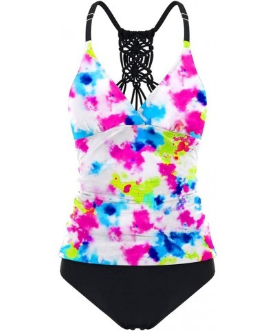 Tummy Control Two Piece Tankini Set Swimsuits for Women V Neck Tankini Top Bathing Suits with Swim Bottom Tye Die $12.40 Swim...