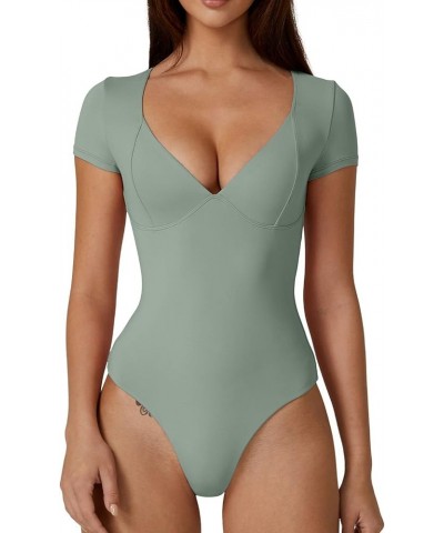 Women's V Neck Bodysuit Short Sleeve Body Suits Seamed Cup Going Out Tops Shirt Smoke Green $15.19 Lingerie