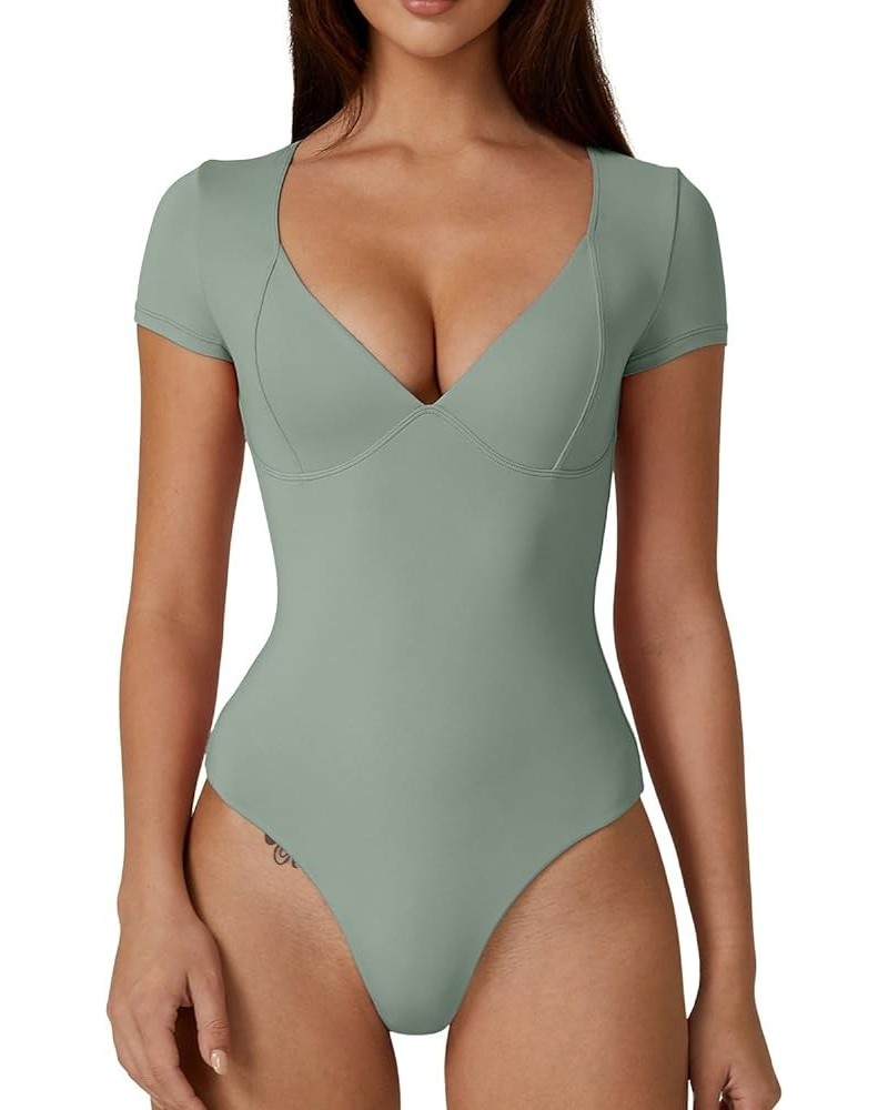 Women's V Neck Bodysuit Short Sleeve Body Suits Seamed Cup Going Out Tops Shirt Smoke Green $15.19 Lingerie