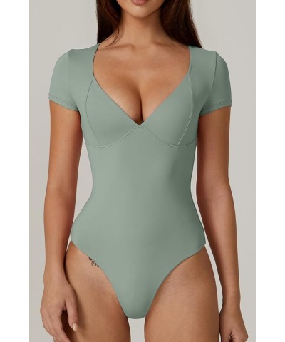 Women's V Neck Bodysuit Short Sleeve Body Suits Seamed Cup Going Out Tops Shirt Smoke Green $15.19 Lingerie