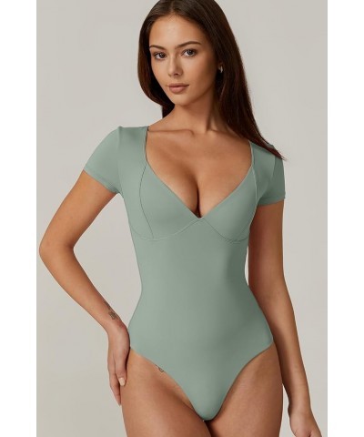 Women's V Neck Bodysuit Short Sleeve Body Suits Seamed Cup Going Out Tops Shirt Smoke Green $15.19 Lingerie