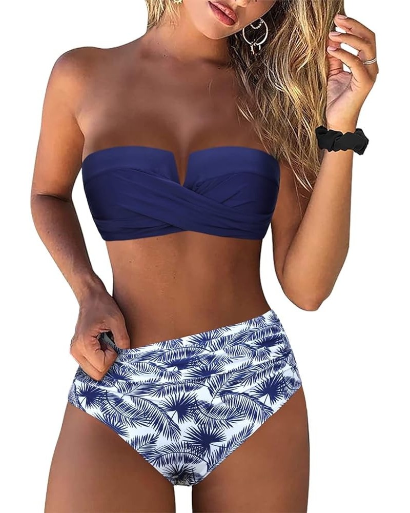 Bandeau Two Piece Bathing Suits for Women with Strap Retro High Waisted Swimsuits Sexy Push Up Bikini Swimwear Navy Leaves $1...
