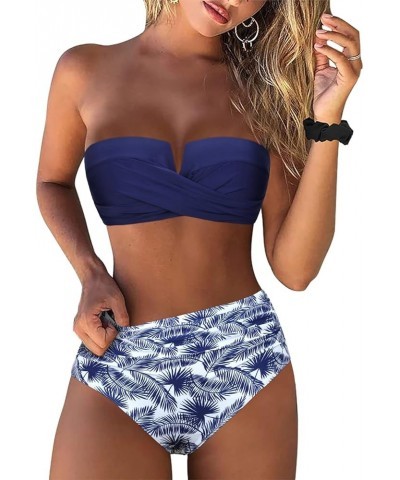 Bandeau Two Piece Bathing Suits for Women with Strap Retro High Waisted Swimsuits Sexy Push Up Bikini Swimwear Navy Leaves $1...