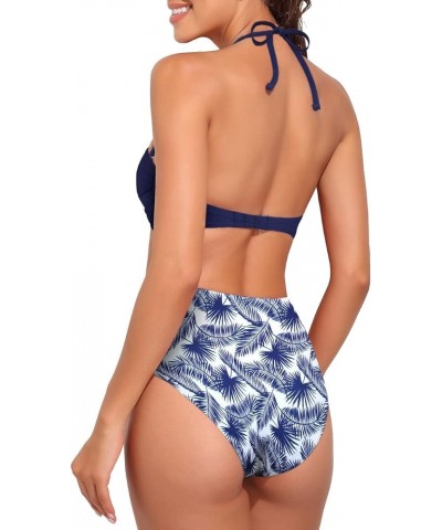 Bandeau Two Piece Bathing Suits for Women with Strap Retro High Waisted Swimsuits Sexy Push Up Bikini Swimwear Navy Leaves $1...