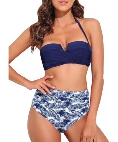 Bandeau Two Piece Bathing Suits for Women with Strap Retro High Waisted Swimsuits Sexy Push Up Bikini Swimwear Navy Leaves $1...