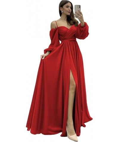 Sweetheart Neck A line Chiffon Bridesmaid Dress with Sleeves Spaghetti Straps Split Ruched Wedding Guest Dress Red $31.20 Dre...