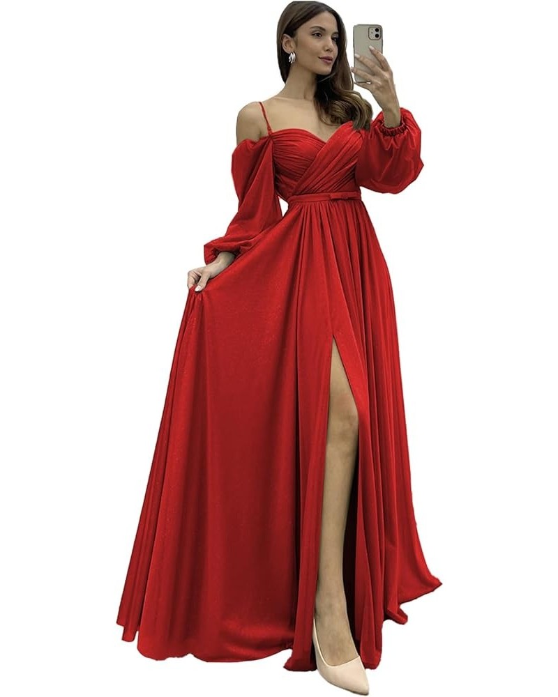 Sweetheart Neck A line Chiffon Bridesmaid Dress with Sleeves Spaghetti Straps Split Ruched Wedding Guest Dress Red $31.20 Dre...