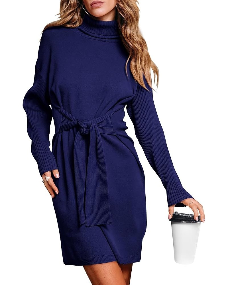 Women's Fall Sweaters 2024 Turtleneck Long Sleeve Ribbed Knit Oversized Pullover Tie Waist Mini Sweater Dress Solid Navy $24....