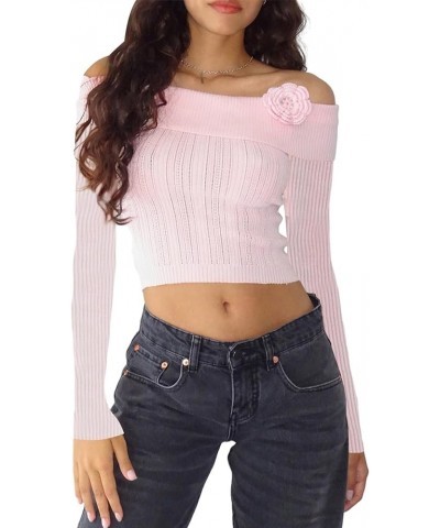 Women Off The Shoulder Sweater Top Y2k Long Sleeve Going Out Crop Tops Streetwear A2 Flower Pink $12.99 Sweaters