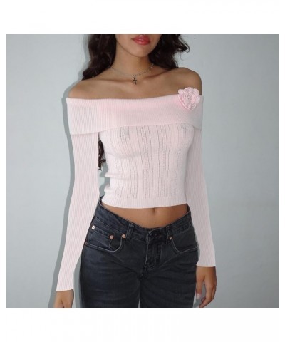 Women Off The Shoulder Sweater Top Y2k Long Sleeve Going Out Crop Tops Streetwear A2 Flower Pink $12.99 Sweaters