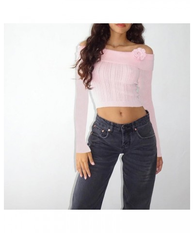 Women Off The Shoulder Sweater Top Y2k Long Sleeve Going Out Crop Tops Streetwear A2 Flower Pink $12.99 Sweaters