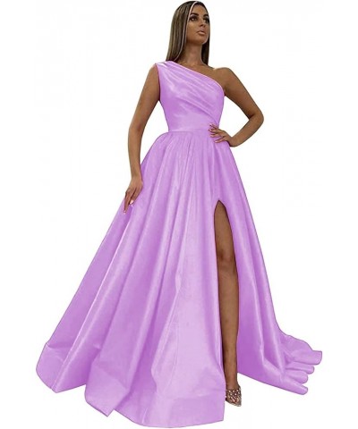 Women's One Shoulder Satin Prom Dresses Long Ball Gown High Slit Ruched Evening Formal Dress with Pockets Lilac $34.50 Dresses