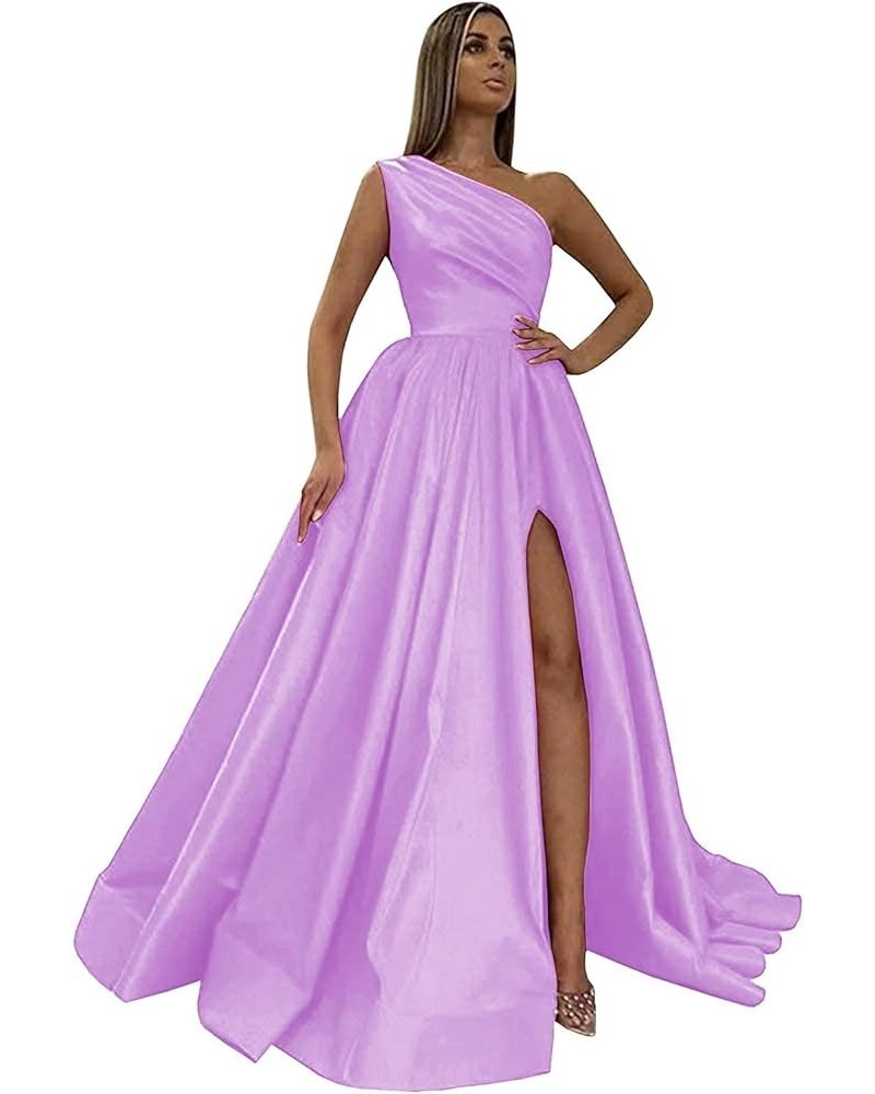 Women's One Shoulder Satin Prom Dresses Long Ball Gown High Slit Ruched Evening Formal Dress with Pockets Lilac $34.50 Dresses
