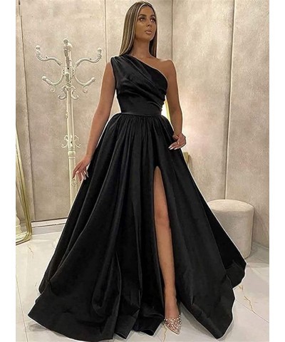 Women's One Shoulder Satin Prom Dresses Long Ball Gown High Slit Ruched Evening Formal Dress with Pockets Lilac $34.50 Dresses