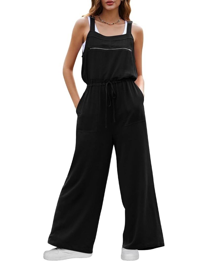 Women's Overalls Summer Causal Loose Sleeveless Jumpsuit Adjustable Straps Wide Leg Bib Pants with Zipper Pockets Black $19.1...