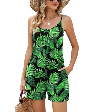 Womens Casual Summer Sleeveless Romper Loose Adjustable Spaghetti Strap Stretchy Shorts Jumpsuits with Pockets Green Leaves $...