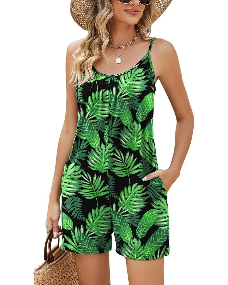 Womens Casual Summer Sleeveless Romper Loose Adjustable Spaghetti Strap Stretchy Shorts Jumpsuits with Pockets Green Leaves $...