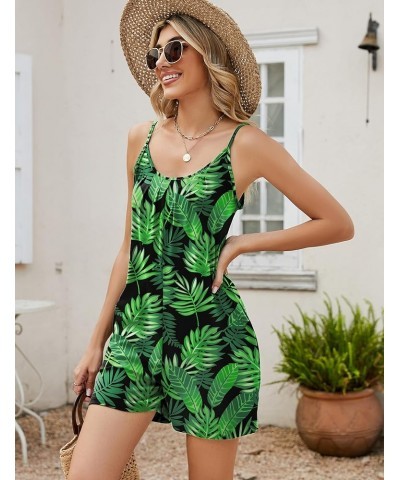 Womens Casual Summer Sleeveless Romper Loose Adjustable Spaghetti Strap Stretchy Shorts Jumpsuits with Pockets Green Leaves $...