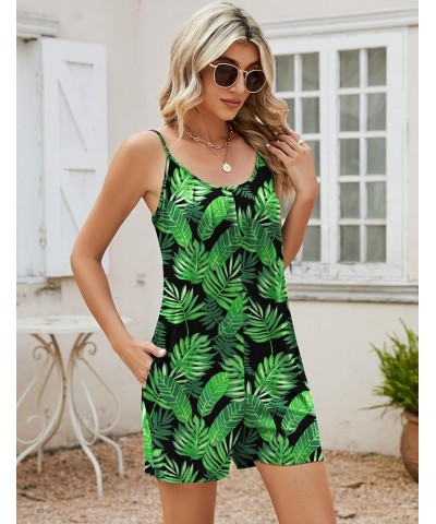 Womens Casual Summer Sleeveless Romper Loose Adjustable Spaghetti Strap Stretchy Shorts Jumpsuits with Pockets Green Leaves $...