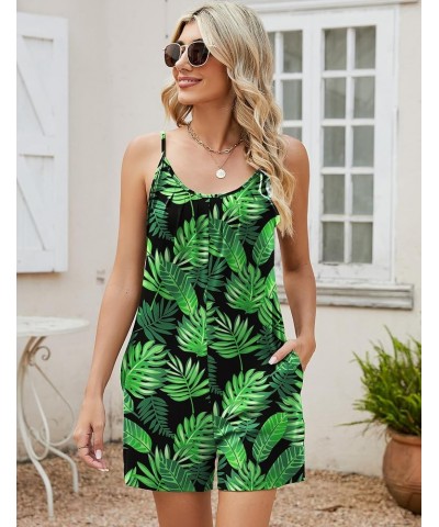 Womens Casual Summer Sleeveless Romper Loose Adjustable Spaghetti Strap Stretchy Shorts Jumpsuits with Pockets Green Leaves $...