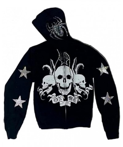 Y2k Skeleton Jackets Women Men Full Zip Up Hoodies Rhinestone Skull Graphic Sweatshirts Gothic Oversized Jackets A-black $7.2...