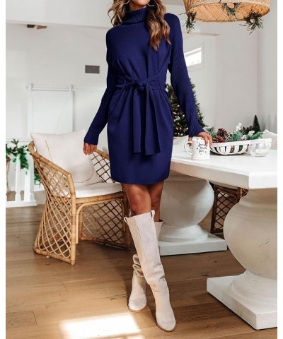 Women's Fall Sweaters 2024 Turtleneck Long Sleeve Ribbed Knit Oversized Pullover Tie Waist Mini Sweater Dress Solid Navy $24....