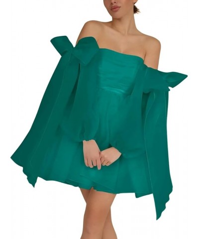Off The Shoulder Organza Homecoming Dresses Bow Tie Long Sleeve Prom Dresses Short A-Line Formal Cocktail Party Gown Emerald ...