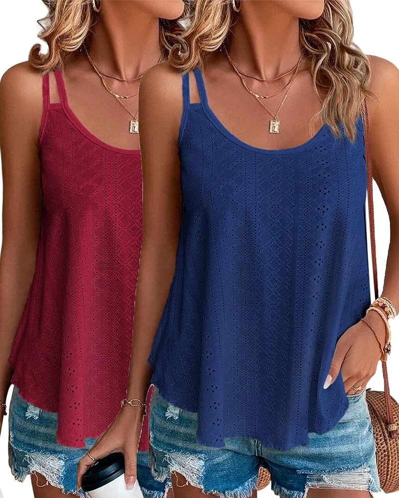 2 Pack Women's Tank Tops Eyelet Embroidery Sleeveless Spaghetti Strap Tops Scoop Neck Loose Fit Casual Flowy Cami Navy Blue&w...