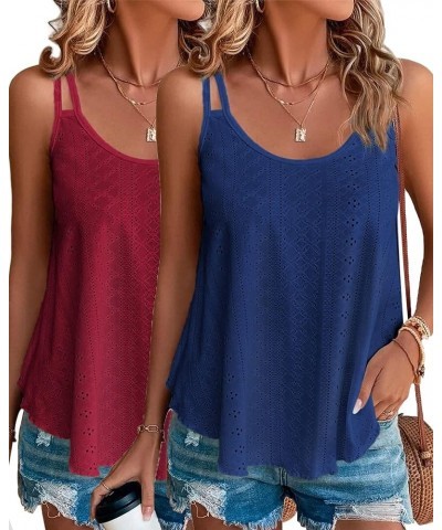 2 Pack Women's Tank Tops Eyelet Embroidery Sleeveless Spaghetti Strap Tops Scoop Neck Loose Fit Casual Flowy Cami Navy Blue&w...