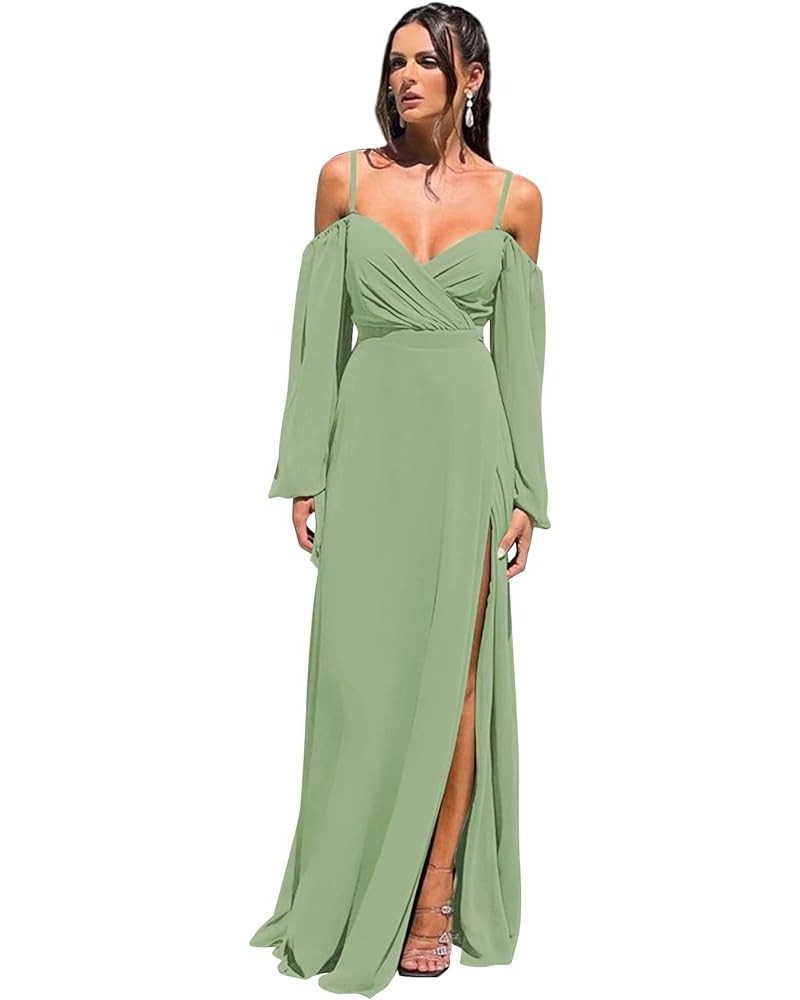 Cold Shoulder Long Sleeve Bridesmaid Dresses with Slit for Wedding Ruched Chiffon Formal Evening Gown Sage Green $26.00 Dresses