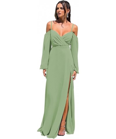 Cold Shoulder Long Sleeve Bridesmaid Dresses with Slit for Wedding Ruched Chiffon Formal Evening Gown Sage Green $26.00 Dresses