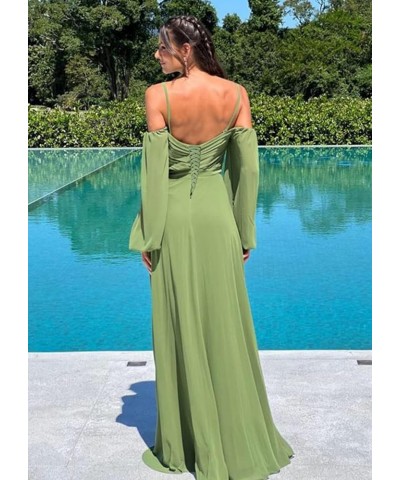 Cold Shoulder Long Sleeve Bridesmaid Dresses with Slit for Wedding Ruched Chiffon Formal Evening Gown Sage Green $26.00 Dresses