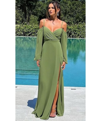 Cold Shoulder Long Sleeve Bridesmaid Dresses with Slit for Wedding Ruched Chiffon Formal Evening Gown Sage Green $26.00 Dresses