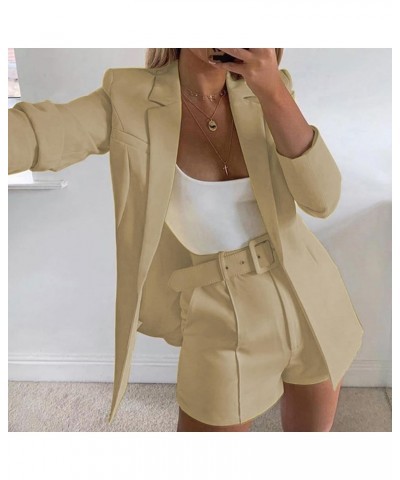 3 Piece Blazers for Women Open Front Blazer and Shorts with Belt Sets Sexy Business Casual Outfits Oversized Jackets 02_khaki...